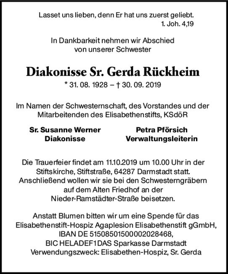  Traueranzeige für Gerda Rückheim vom 05.10.2019 aus vrm-trauer