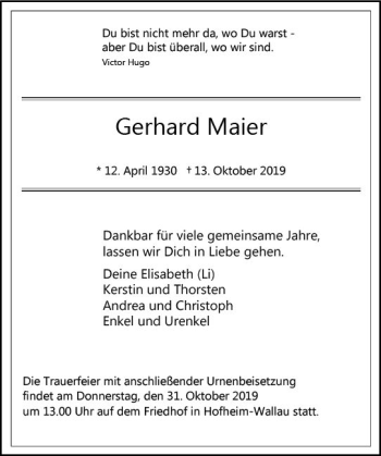 Traueranzeige von Gerhard Maier von vrm-trauer