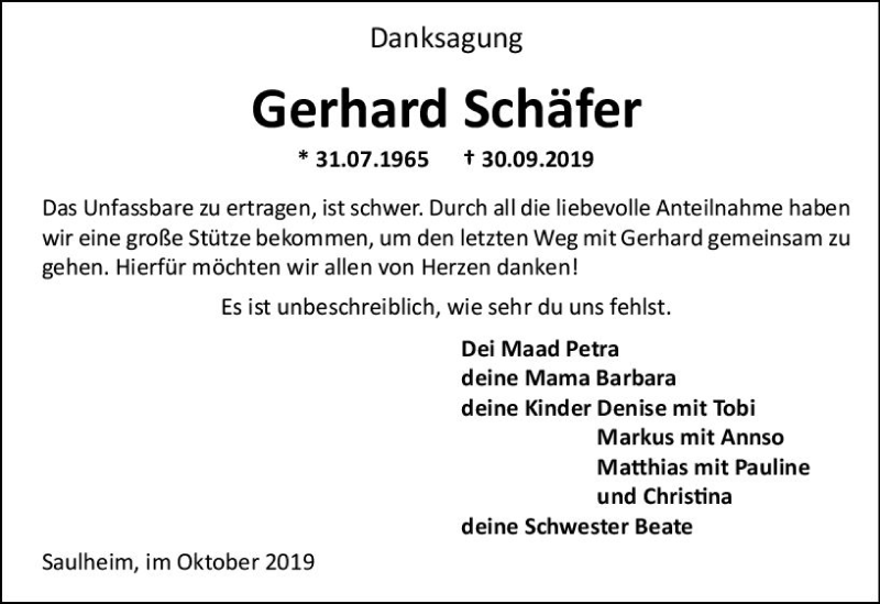  Traueranzeige für Gerhard Schäfer vom 19.10.2019 aus vrm-trauer