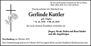 Traueranzeige von Gerlinde Kuttler von vrm-trauer