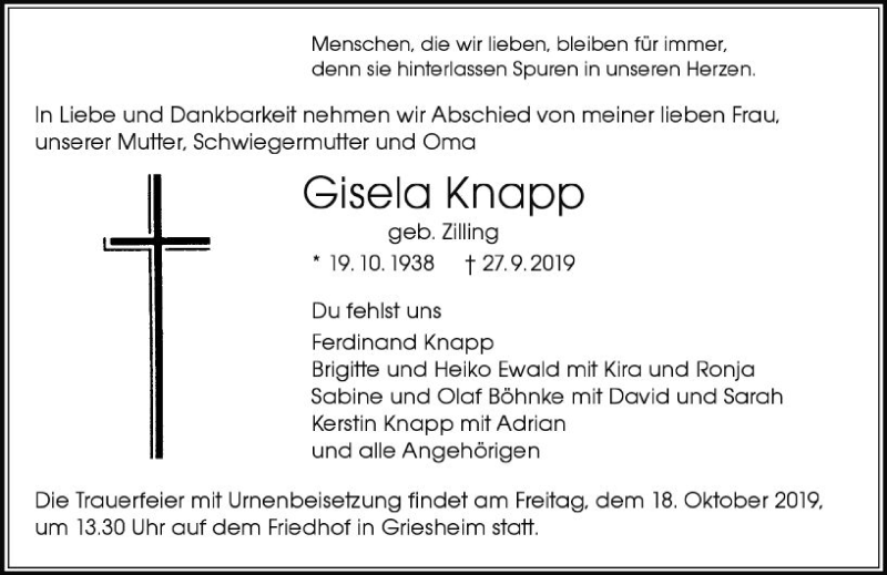  Traueranzeige für Gisela Knapp vom 12.10.2019 aus vrm-trauer