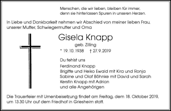 Traueranzeige von Gisela Knapp von vrm-trauer
