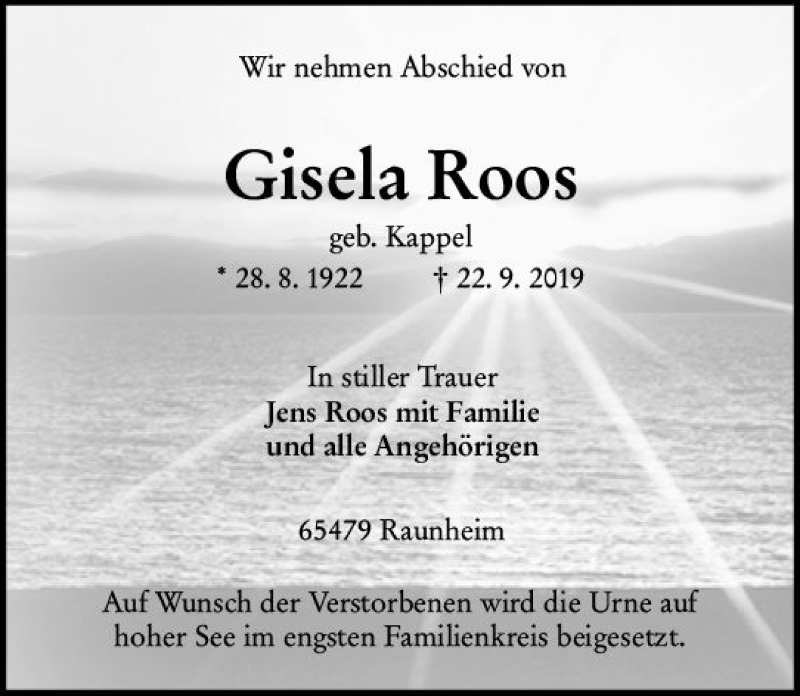  Traueranzeige für Gisela Roos vom 05.10.2019 aus vrm-trauer