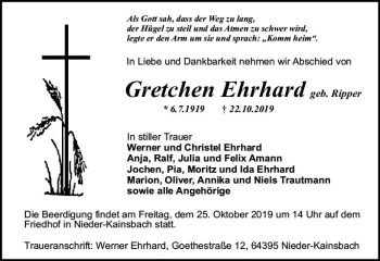 Traueranzeige von Gretchen Ehrhard von vrm-trauer