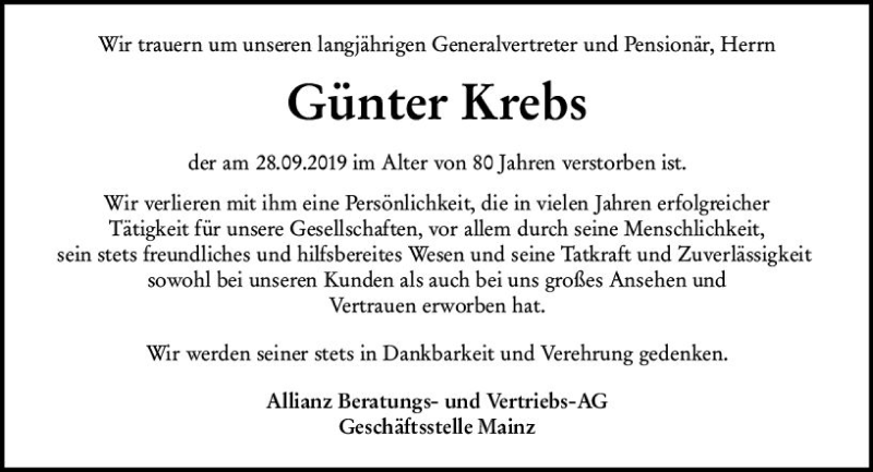  Traueranzeige für Günter Krebs vom 12.10.2019 aus vrm-trauer