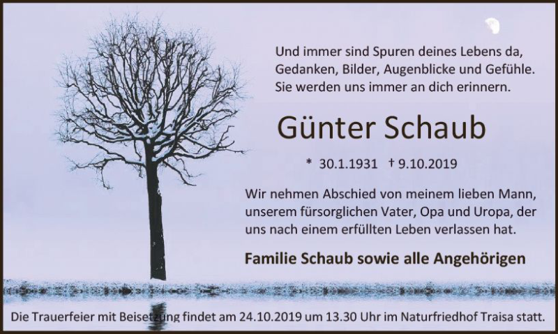  Traueranzeige für Günter Schaub vom 19.10.2019 aus vrm-trauer