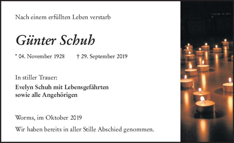  Traueranzeige für Günter Schuh vom 19.10.2019 aus vrm-trauer