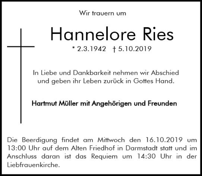  Traueranzeige für Hannelore Ries vom 12.10.2019 aus vrm-trauer