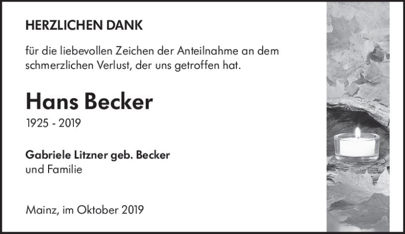  Traueranzeige für Hans Becker vom 19.10.2019 aus vrm-trauer