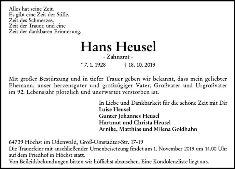  Traueranzeige für Hans Heusel vom 26.10.2019 aus vrm-trauer