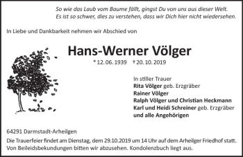 Traueranzeige von Hans-Werner Völger von vrm-trauer