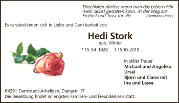 Traueranzeige von Hedi Stork von vrm-trauer