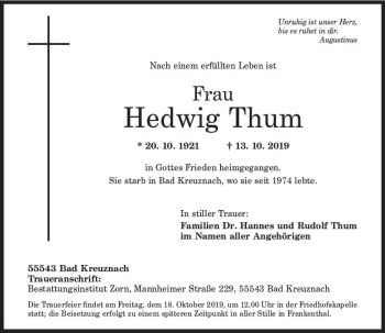 Traueranzeige von Hedwig Thum von vrm-trauer