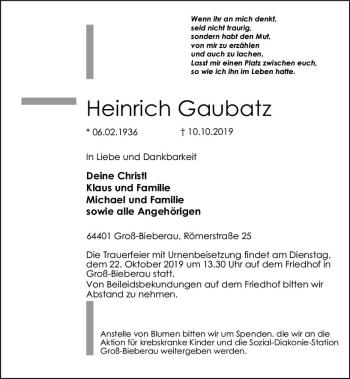 Traueranzeige von Heinrich Gaubatz von vrm-trauer
