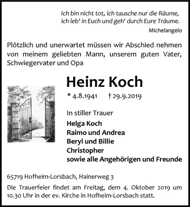  Traueranzeige für Heinz Koch vom 04.10.2019 aus vrm-trauer