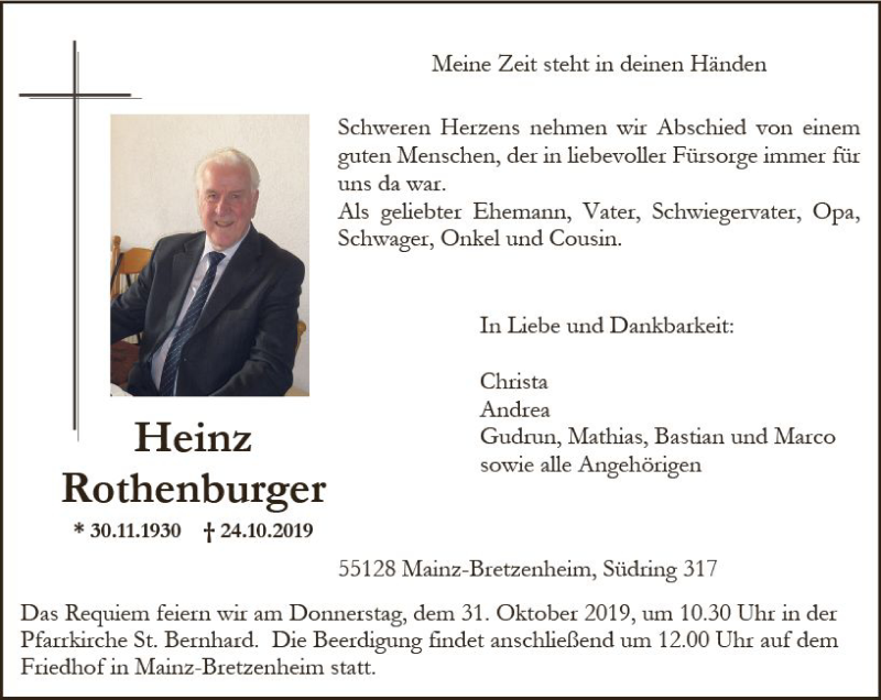  Traueranzeige für Heinz Rothenburger vom 26.10.2019 aus vrm-trauer