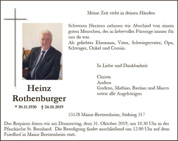 Traueranzeige von Heinz Rothenburger von vrm-trauer
