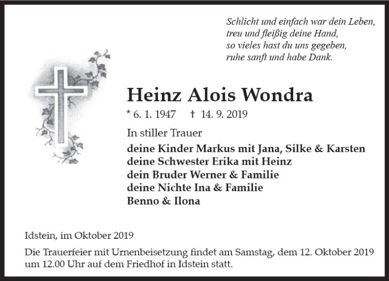  Traueranzeige für Heinz Alois Wondra vom 05.10.2019 aus vrm-trauer
