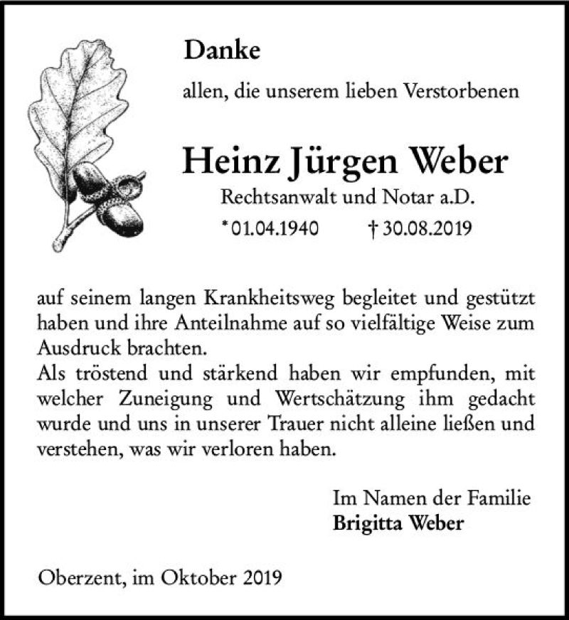  Traueranzeige für Heinz Jürgen Weber vom 12.10.2019 aus vrm-trauer