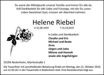 Traueranzeige von Helene Riebel von vrm-trauer