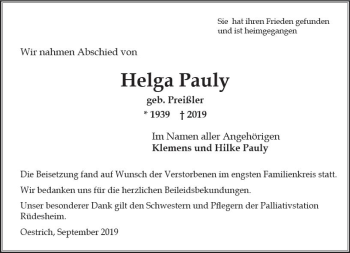 Traueranzeige von Helga Pauly von vrm-trauer