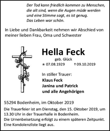Traueranzeige von Hella Feck von vrm-trauer