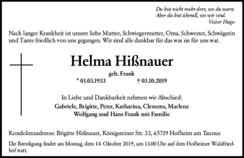 Traueranzeige von Helma Hißnauer von vrm-trauer
