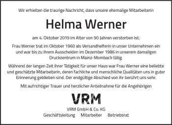 Traueranzeige von Helma Werner von vrm-trauer