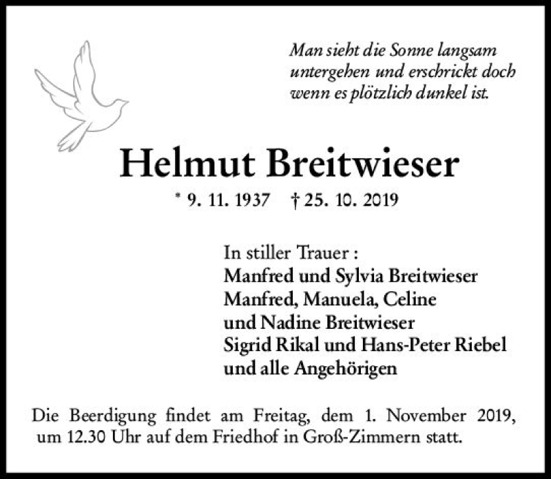  Traueranzeige für Helmut Breitwieser vom 30.10.2019 aus vrm-trauer