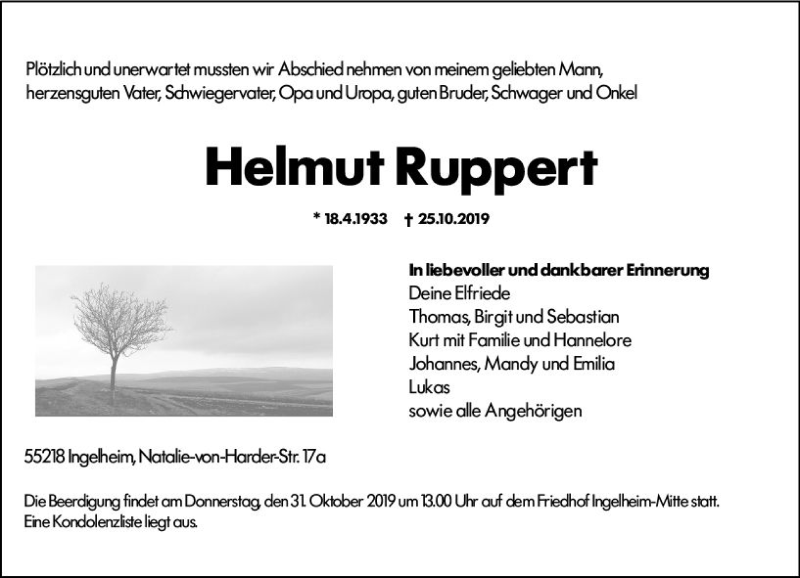  Traueranzeige für Helmut Ruppert vom 29.10.2019 aus vrm-trauer