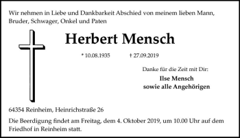 Traueranzeige von Herbert Mensch von vrm-trauer