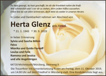 Traueranzeige von Herta Glenz von vrm-trauer