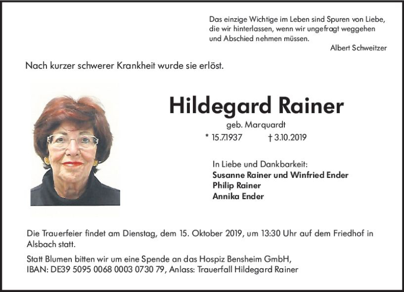  Traueranzeige für Hildegard Rainer vom 12.10.2019 aus vrm-trauer