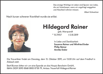 Traueranzeige von Hildegard Rainer von vrm-trauer