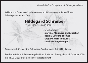Traueranzeige von Hildegard Schreiber von vrm-trauer