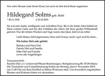 Traueranzeige von Hildegard Solms von vrm-trauer
