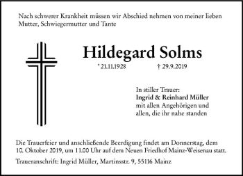 Traueranzeige von Hildegard Solms von vrm-trauer