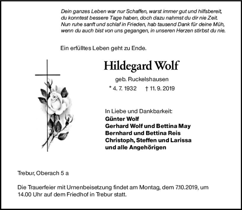  Traueranzeige für Hildegard Wolf vom 02.10.2019 aus vrm-trauer