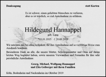 Traueranzeige von Hildegund Hannappel von vrm-trauer