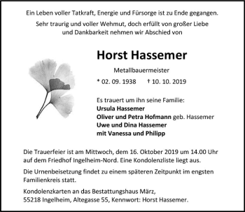 Traueranzeige von Horst Hassemer von vrm-trauer