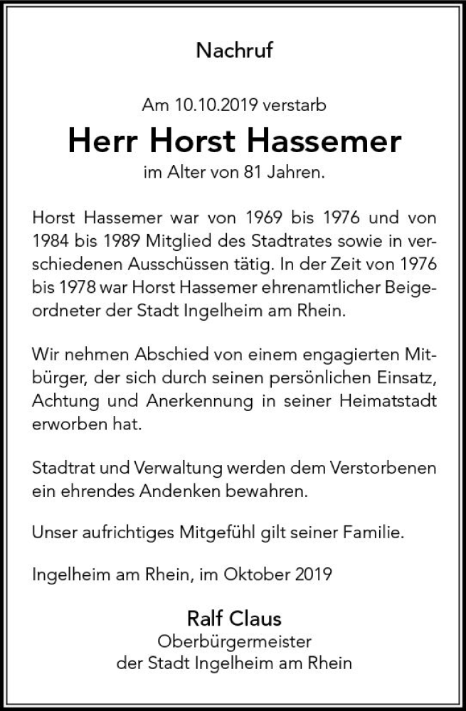 Traueranzeige für Horst Hassemer vom 16.10.2019 aus vrm-trauer