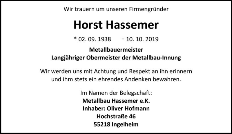  Traueranzeige für Horst Hassemer vom 12.10.2019 aus vrm-trauer