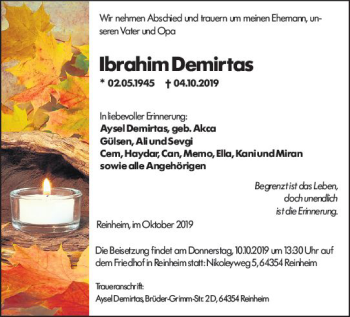 Traueranzeige von Ibrahim Demirtas von vrm-trauer