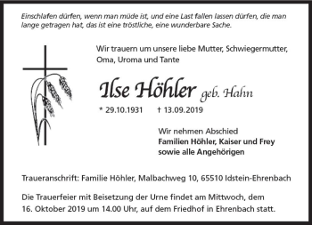 Traueranzeige von Ilse Höhler von vrm-trauer