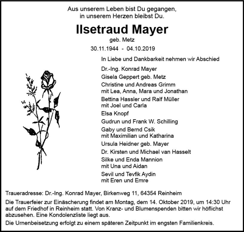  Traueranzeige für Ilsetraud Mayer vom 09.10.2019 aus vrm-trauer
