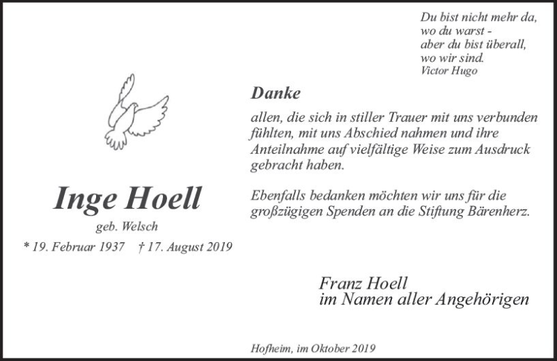  Traueranzeige für Inge Hoell vom 18.10.2019 aus vrm-trauer