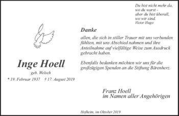Traueranzeige von Inge Hoell von vrm-trauer