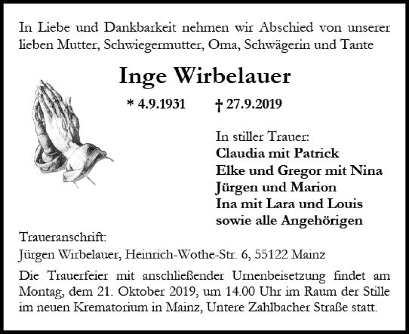  Traueranzeige für Inge Wirbelauer vom 12.10.2019 aus vrm-trauer