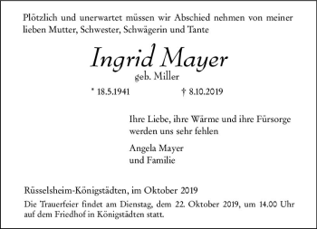Traueranzeige von Ingrid Mayer von vrm-trauer