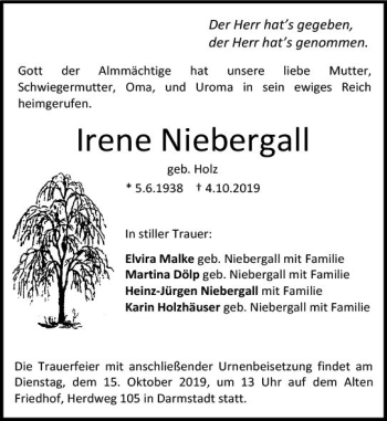 Traueranzeige von Irene Niebergall von vrm-trauer